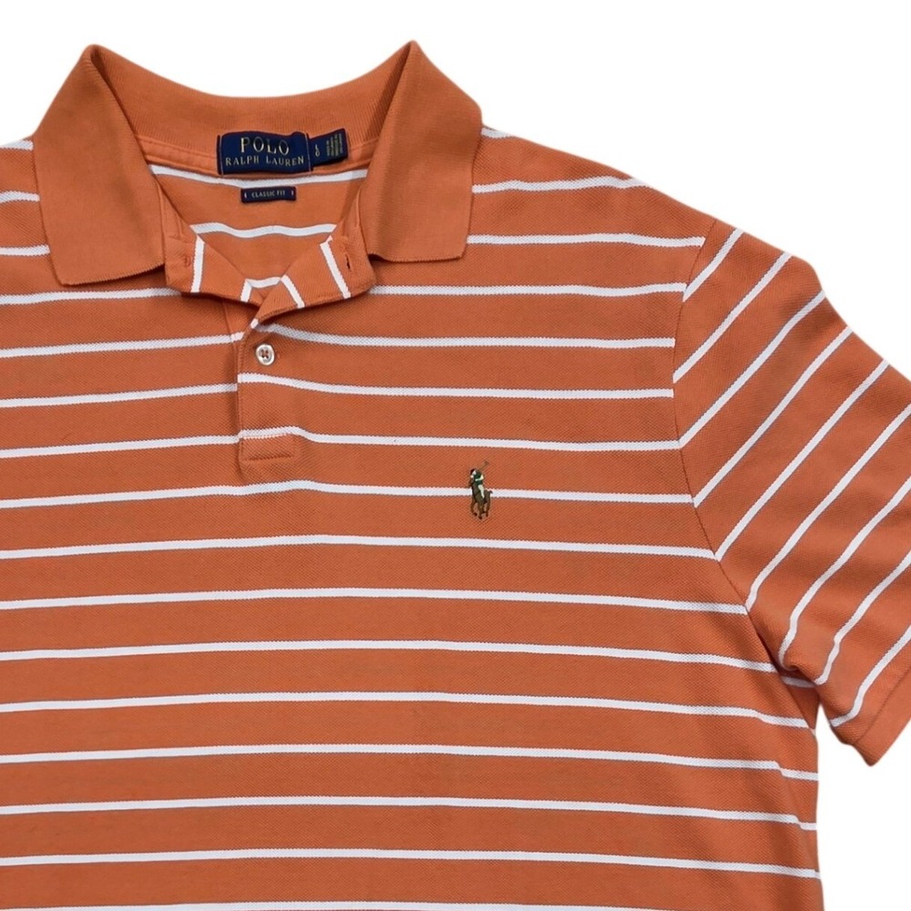 Polo Ralph Lauren Classic Fit Polo Shirt SS Flesh Pony Orange Striped Mens Large